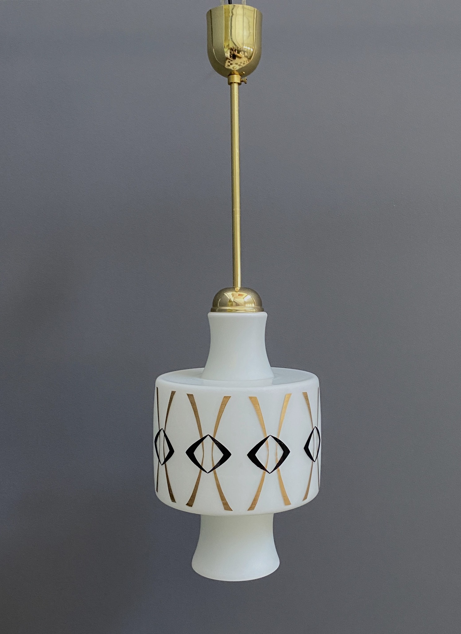 Opaline Glass Pendant Lamp With Gold And Black Drawing image 3