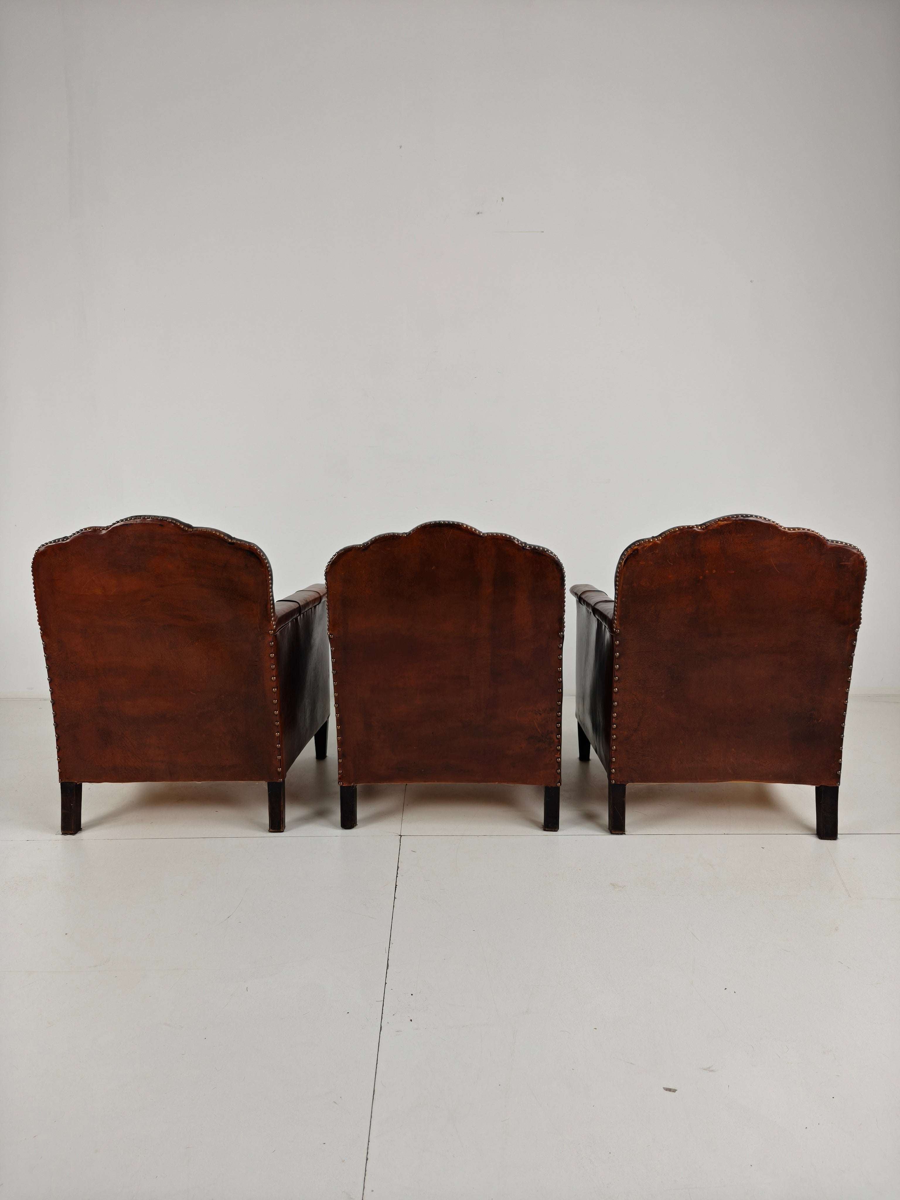 Prachtige Set Van 3 Leren Clubstoelen – Jaren 30 Schapenvacht image 6