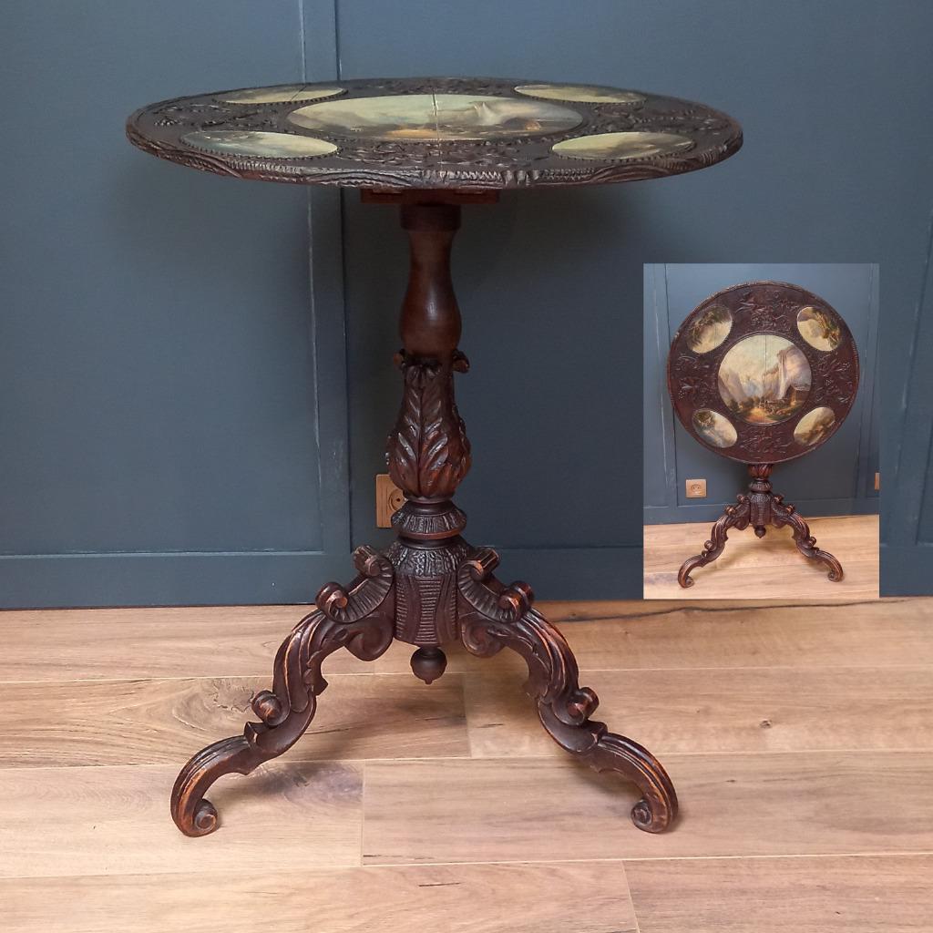 Antieke Tilttop Tafel 19e Eeuw Met 5 Schilderingen image 4