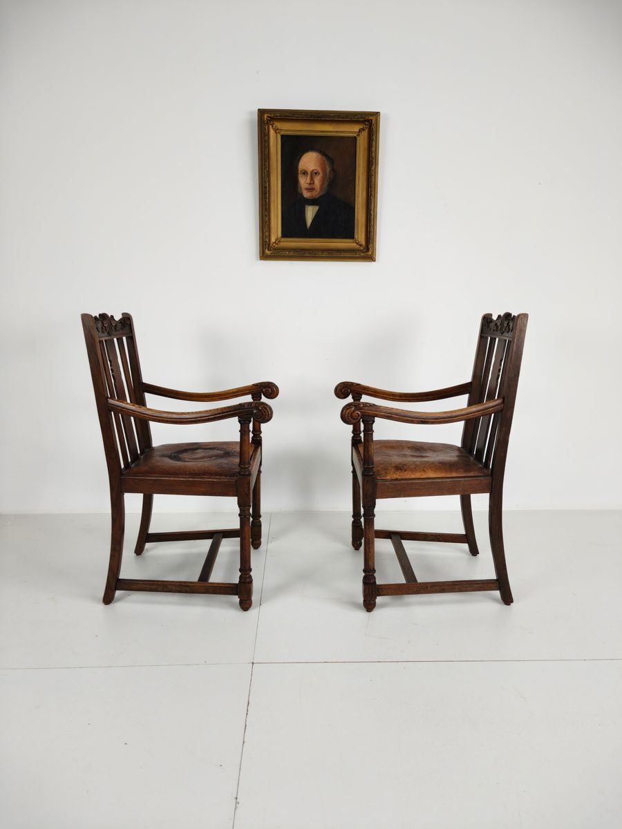 Paar F. Parker & Son Eikenhouten Fauteuils – 19e-eeuws Engels image 13