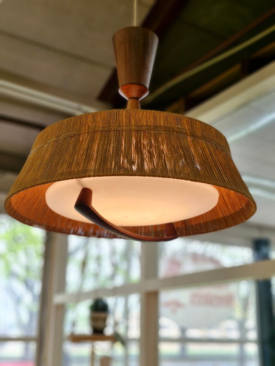 Vintage Design Hanglamp Temde Leuchten Sisal Teak 70s image 3