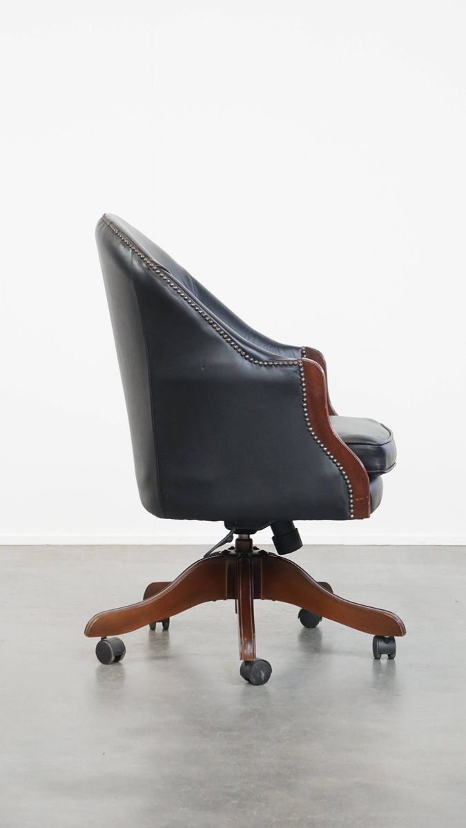 Klassieke En Luxe Zwarte Rundleren Bureaustoel In Engelse Stijl, Op Wieltjes image 3