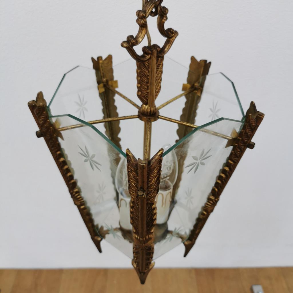 Vintage Franse Messing Lantaarnlamp, Hanglamp, Lamp Met Ketting image 8