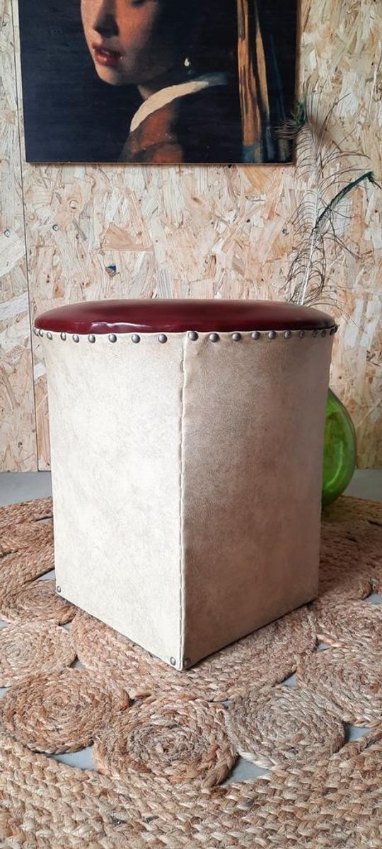 Vintage Kruk Met Patchwork Lederen Bekleding, Rond Krukje image 21