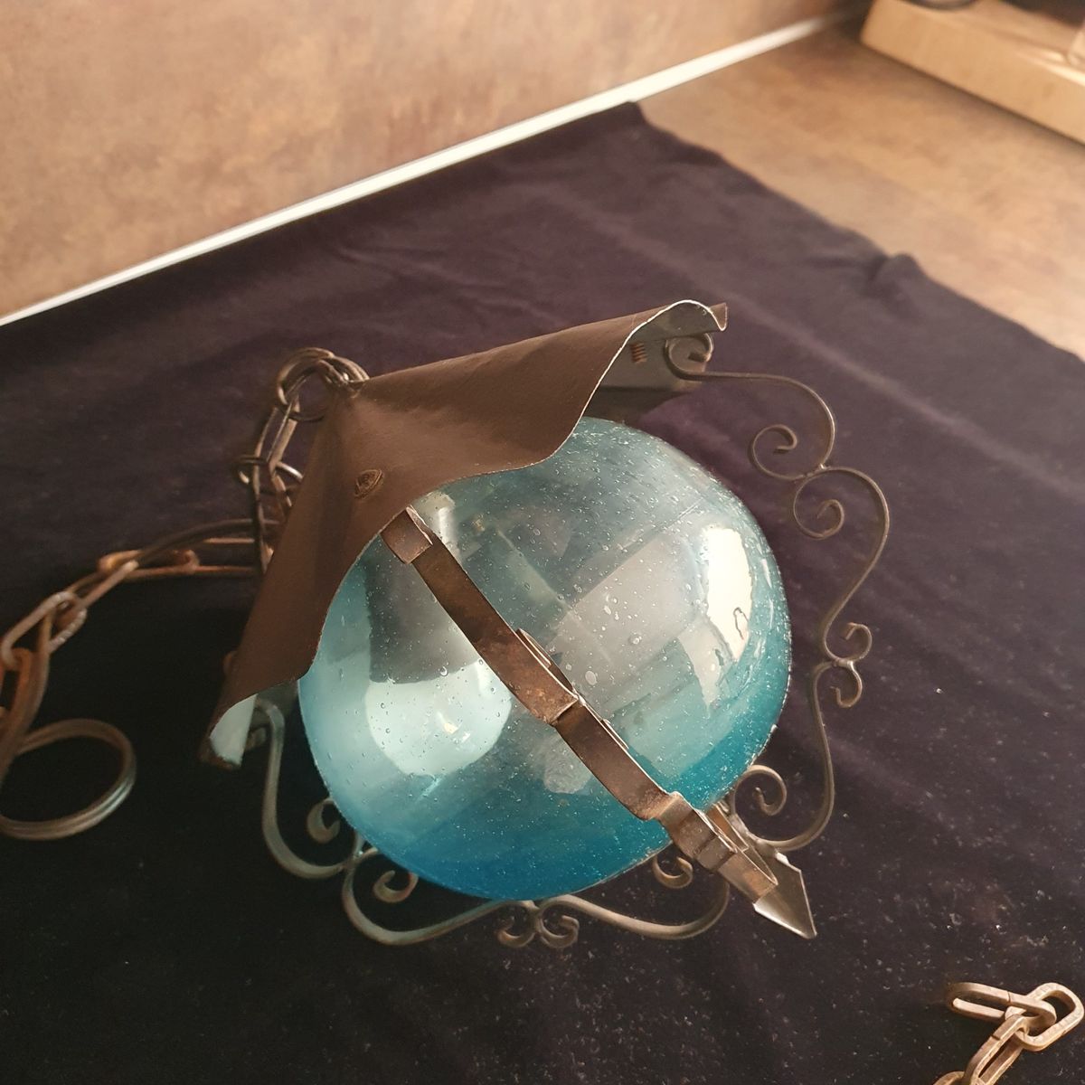 Vintage - Hanglamp - Plafondlamp - Blauw Glas - Metaal En Glas. image 4