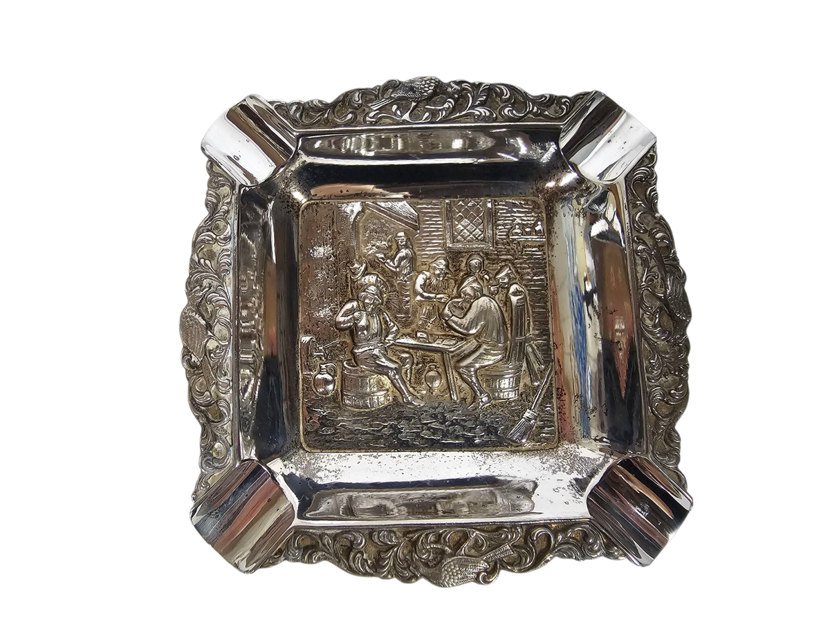 Zilveren Vierkante Asbak - Oud Hollands Herberg Tafereel - Zilver - 3e Kwart 20e Eeuw image 4