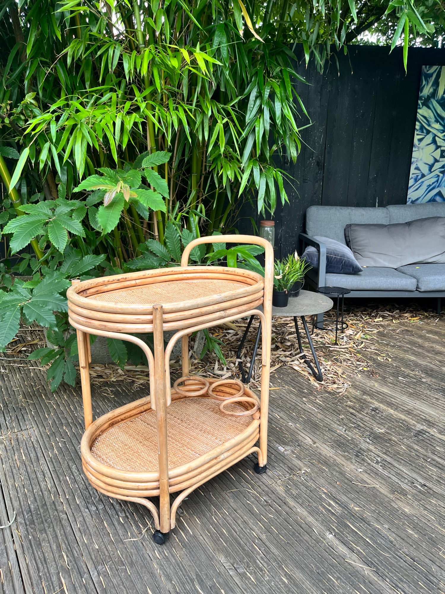 Vintage Bamboe-rotan Serveer Trolley image 4