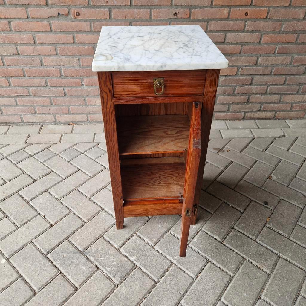 Antieke Wastafel Kast Nachtkastje Met Marmer Plaat Vintage image 10
