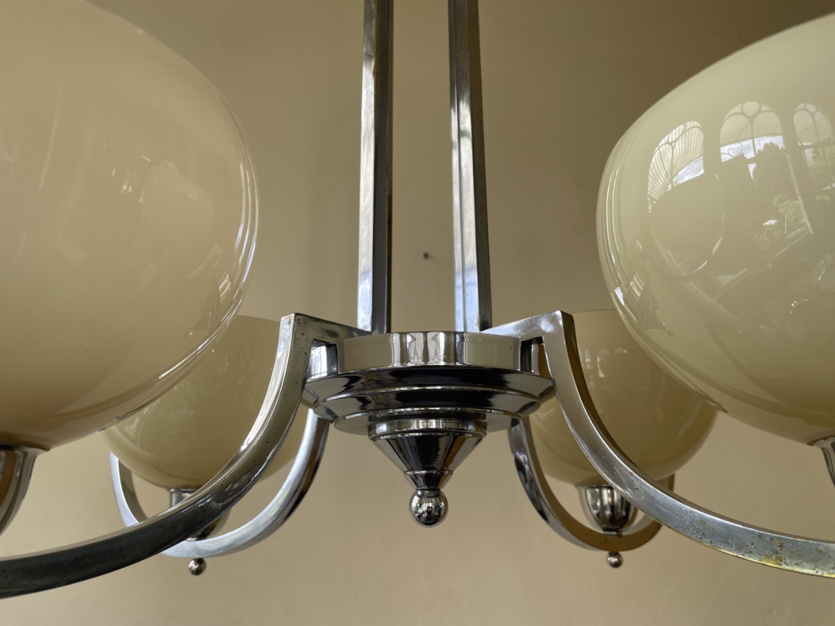 Lamp Hanglamp Art Deco 1930 4 Arms Met Gele Schalen Verchroomd image 5