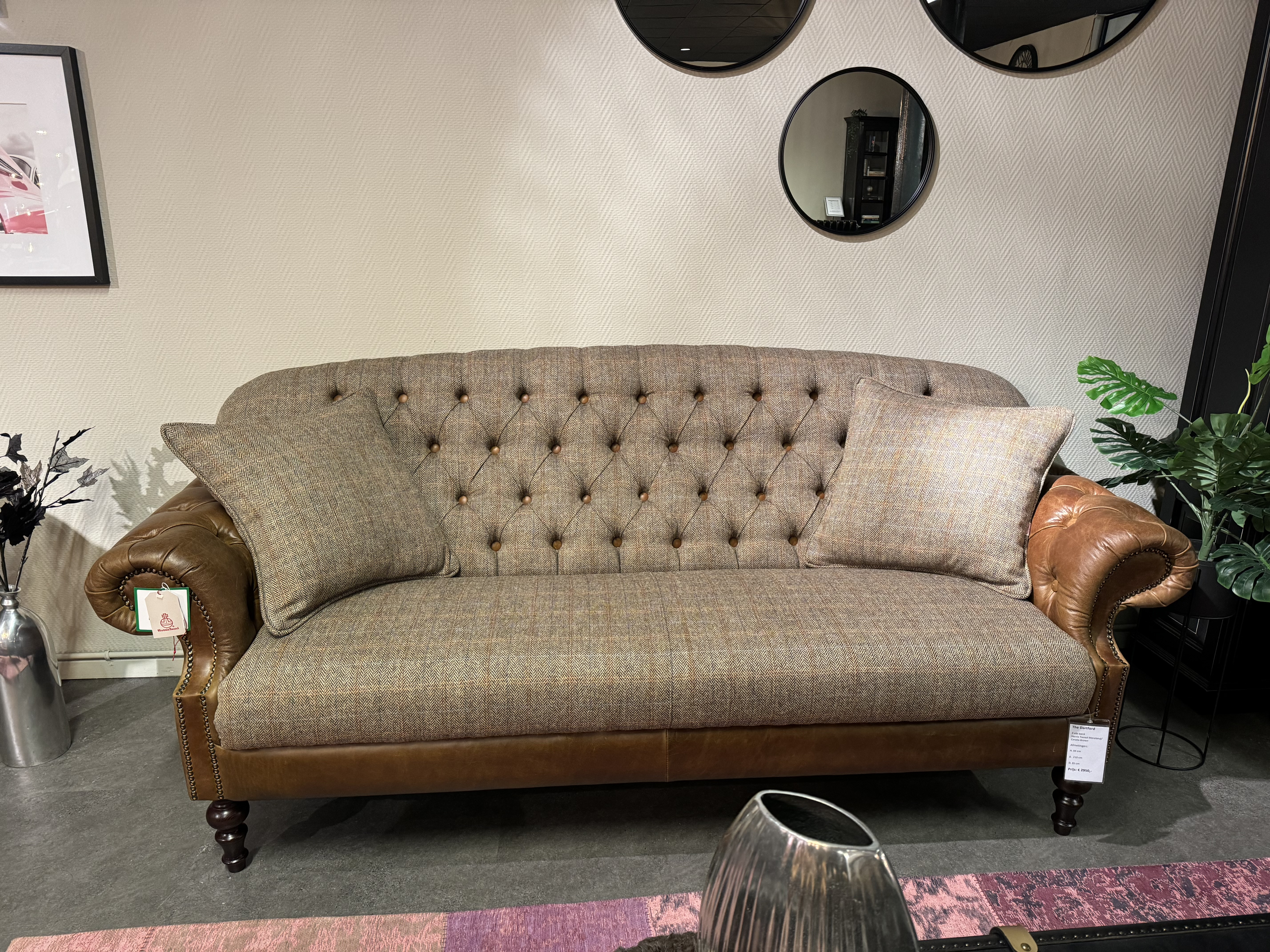 'Dartford' Chesterfield 3 Zits Bank Harris Tweed Met Vintage Cognac Leer image 2