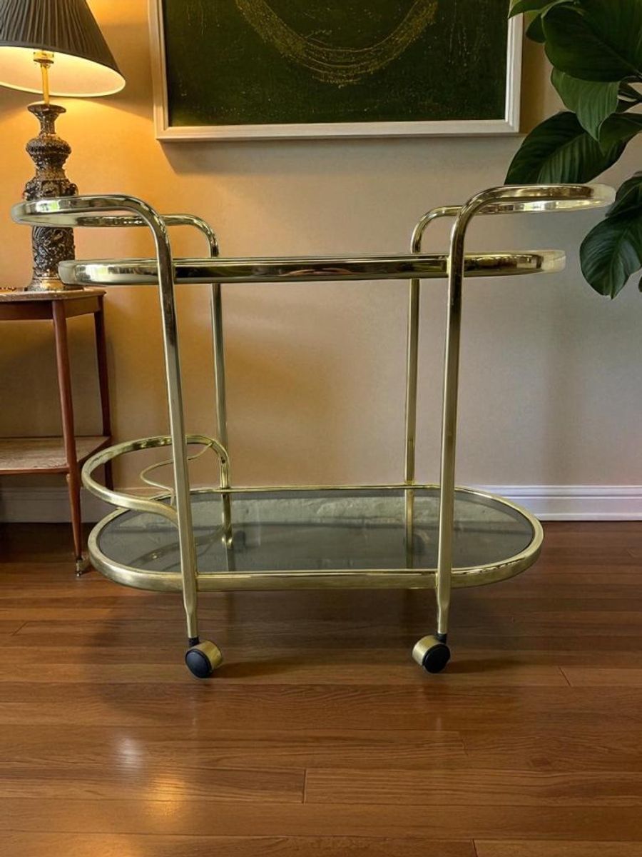 Vintage Gouden Barcart / Bijzettafeltje Met Fumé Glas image 5