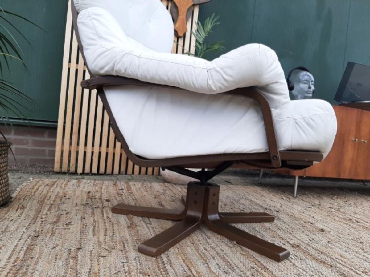 Vintage Design Fauteuil Wit Leer Houten Poot Draaifauteuil image 11