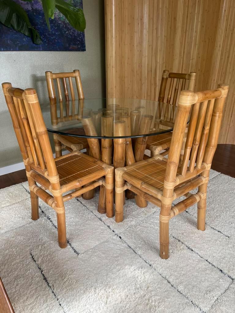 Vintage Boho Bamboe Eetkamerset - Eettafel Met Stoelen image 4