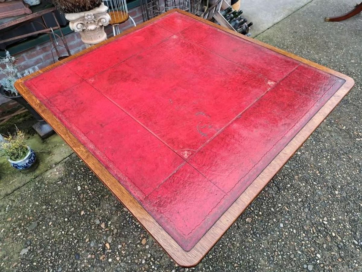 Antieke Vergadertaf Eettafel, Kaarttafel Met Ingelegde Leer, image 4