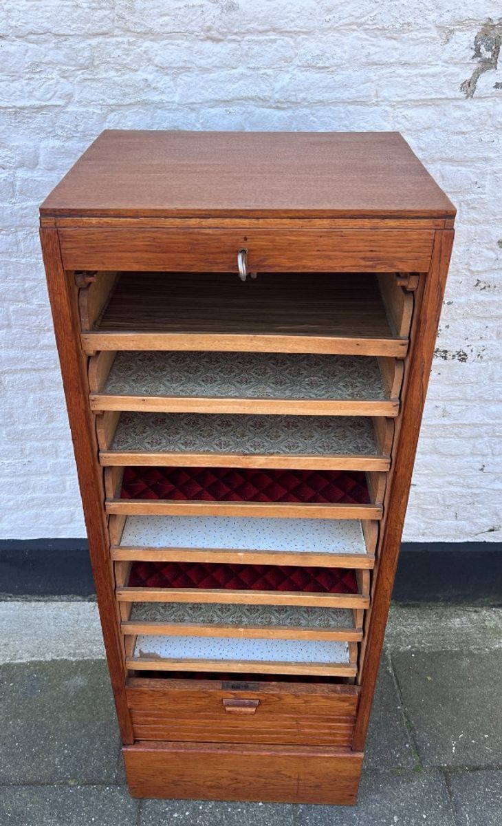 Eiken Rolluik Archiefkast Met Originele Schuifbakken, 113 Cm Hoog image 8