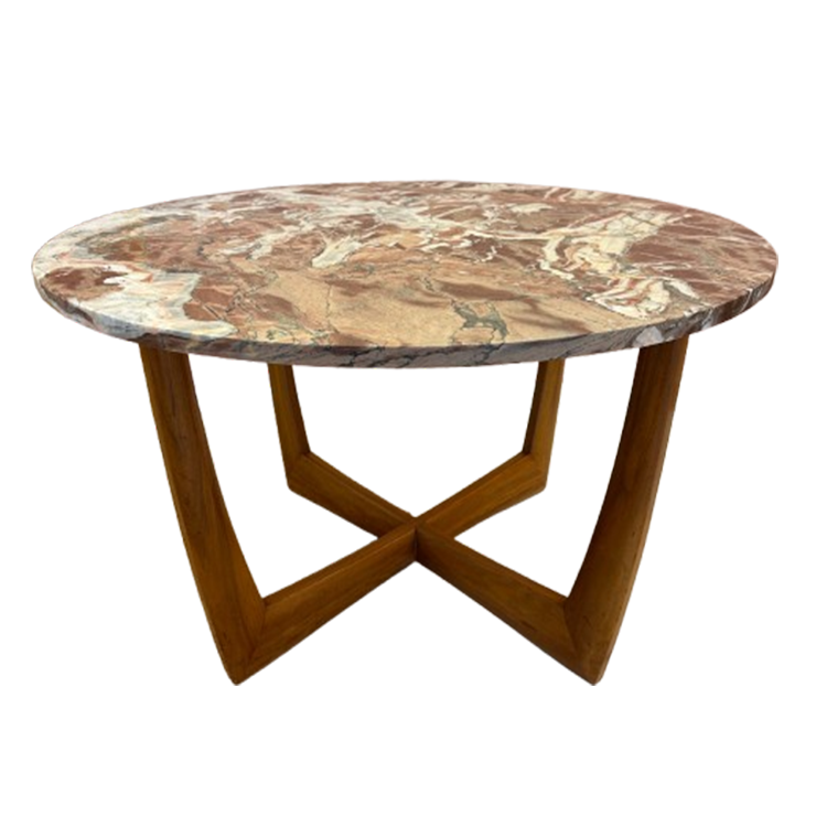 Round Red / Pink Marble Coffeetable With Mid Century Wood Base image 2
