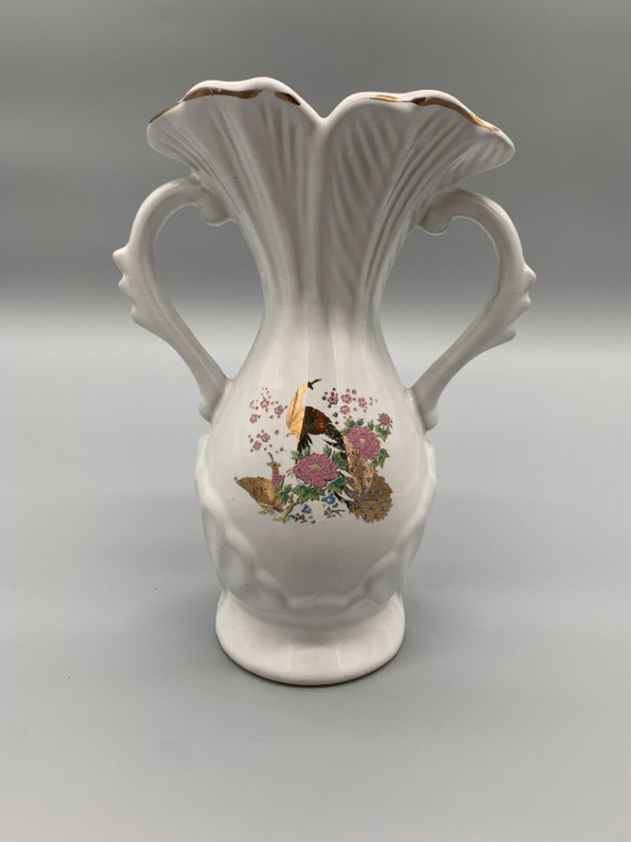 Vintage Vaasje Wit Porselein Print Pauw Goudkleurig image 4