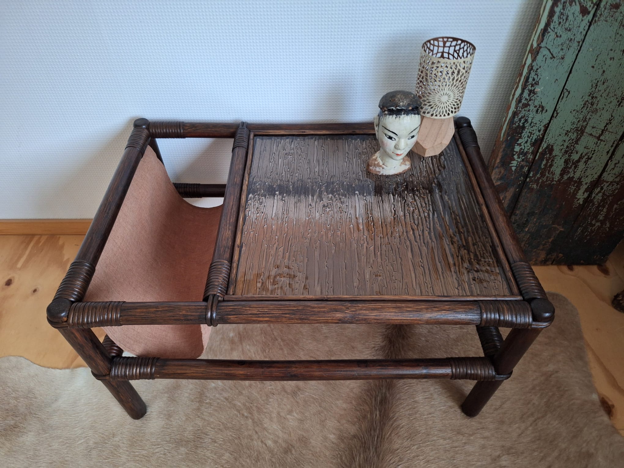 Vintage Rotan Salontafel Met Glasplaat En Lectuurbak image 2