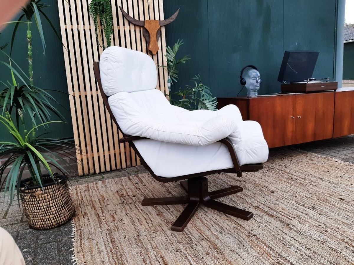 Vintage Design Fauteuil Wit Leer Houten Poot Draaifauteuil image 16