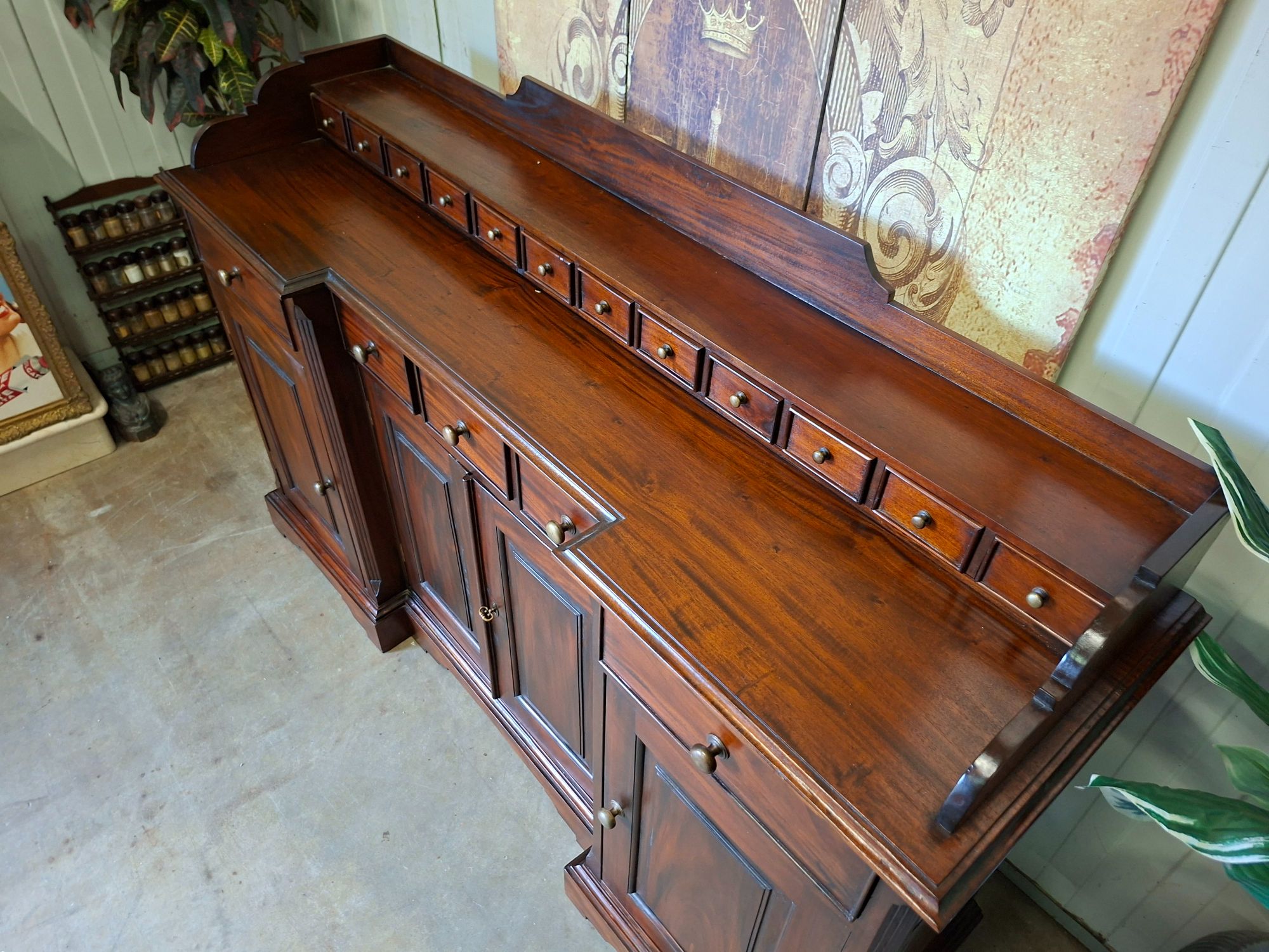 Klassiek Mahoniehouten Dressoir, Wandconsole, Commode Met Vele Lades, Afm. 165x47cm En 90/110cm Hoog. image 6