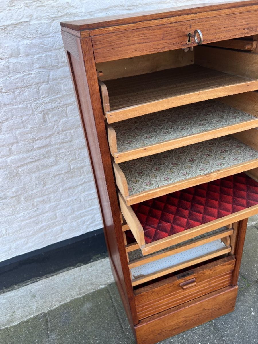 Eiken Rolluik Archiefkast Met Originele Schuifbakken, 113 Cm Hoog image 4