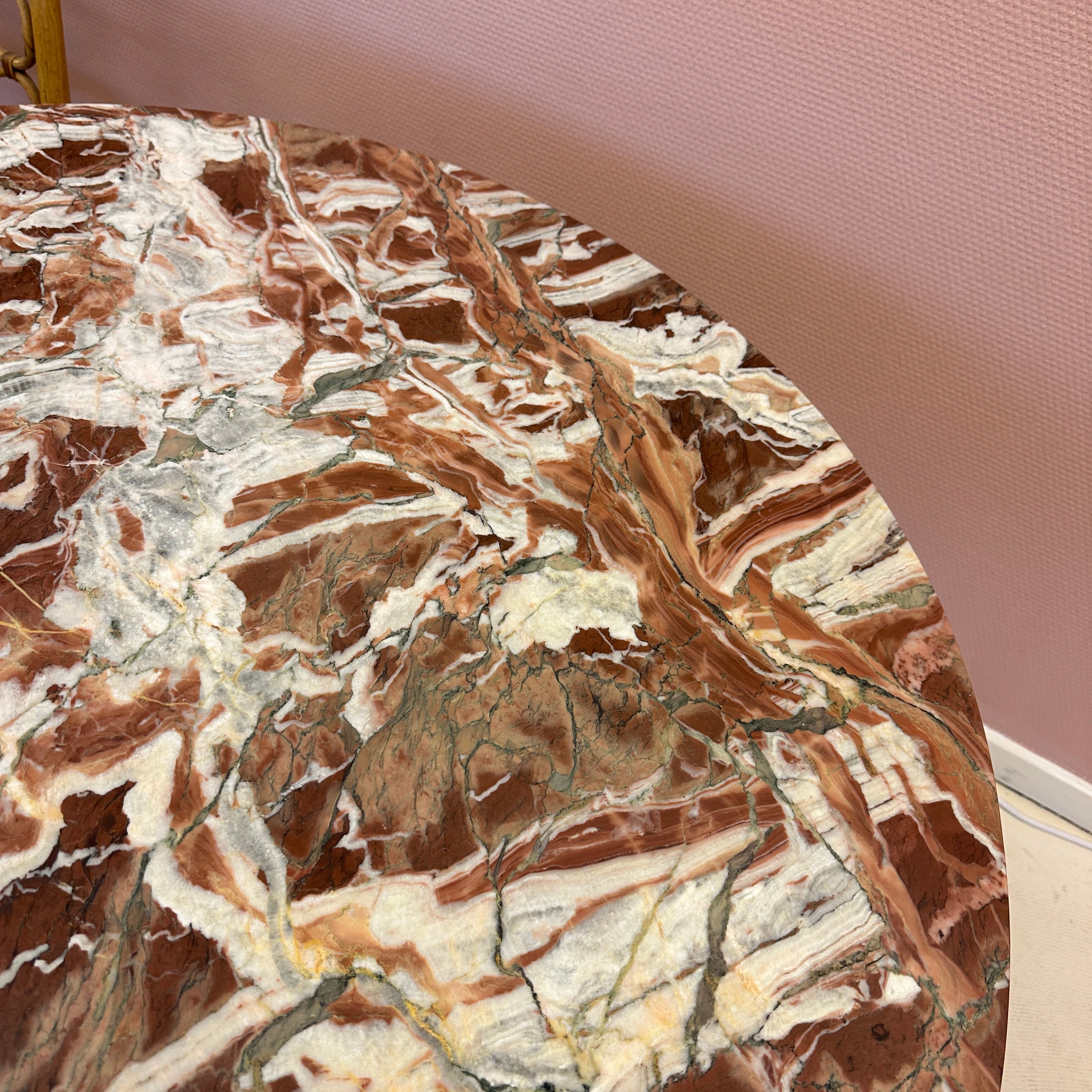 Round Red / Pink Marble Coffeetable With Mid Century Wood Base image 9