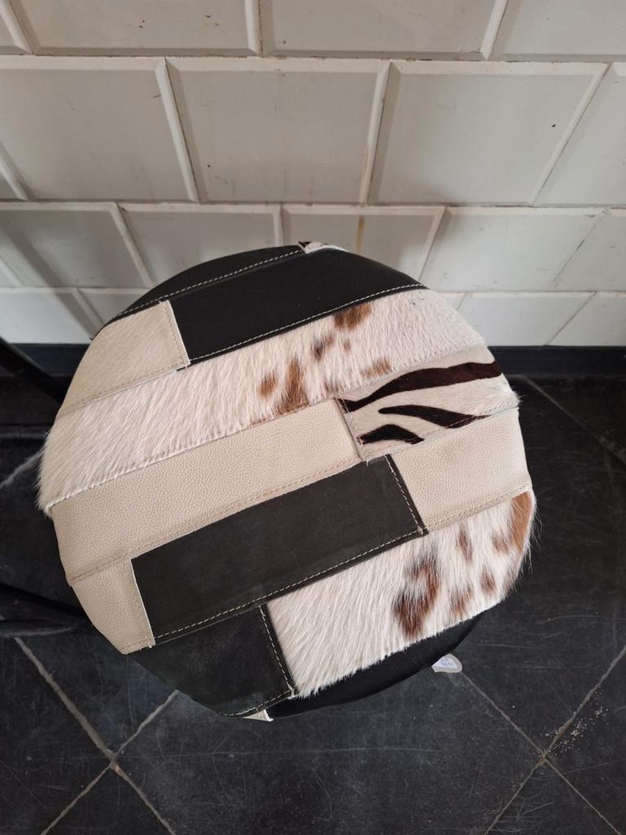 Vintage Kruk Met Patchwork Lederen Bekleding, Rond Krukje image 6