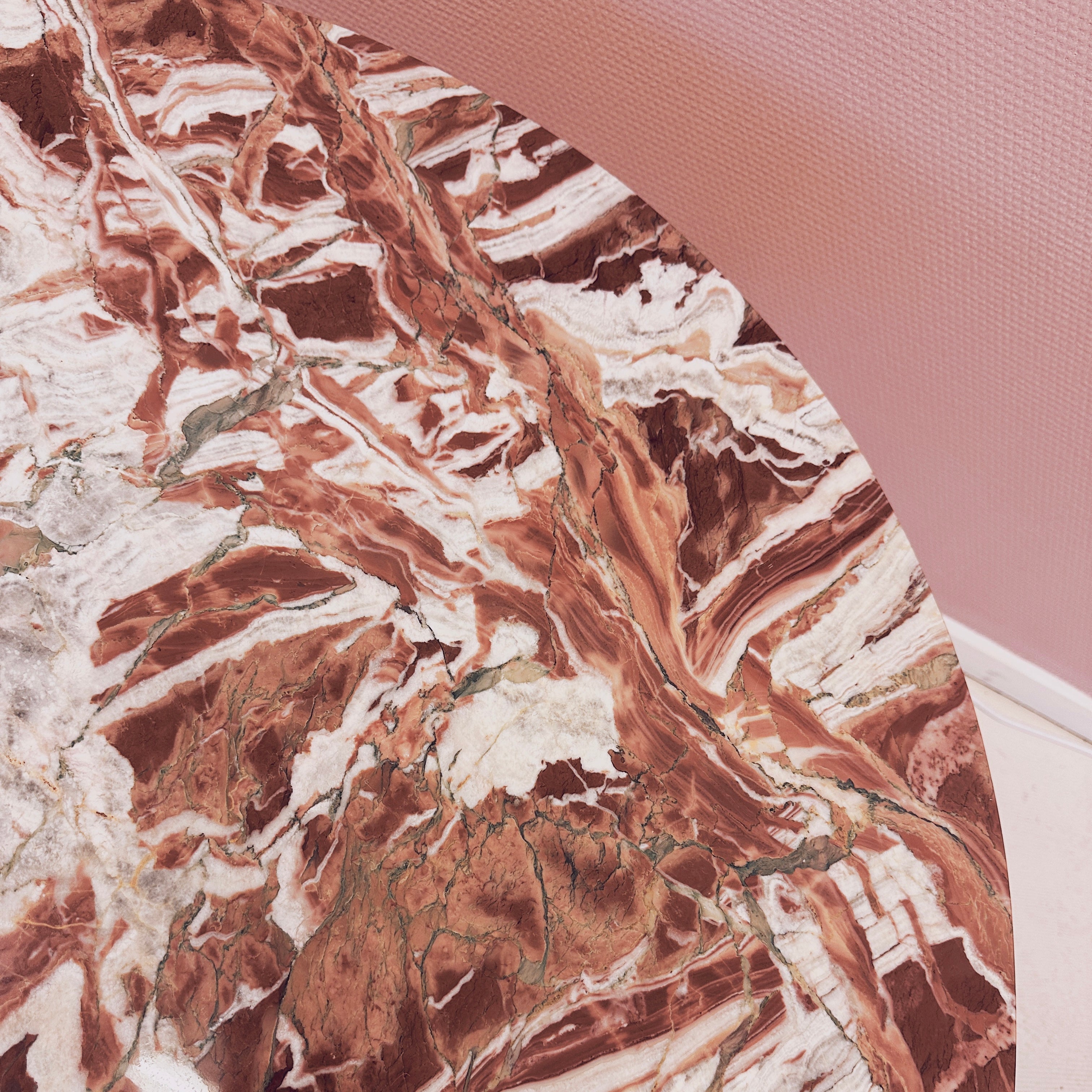 Round Red / Pink Marble Coffeetable With Mid Century Wood Base image 5