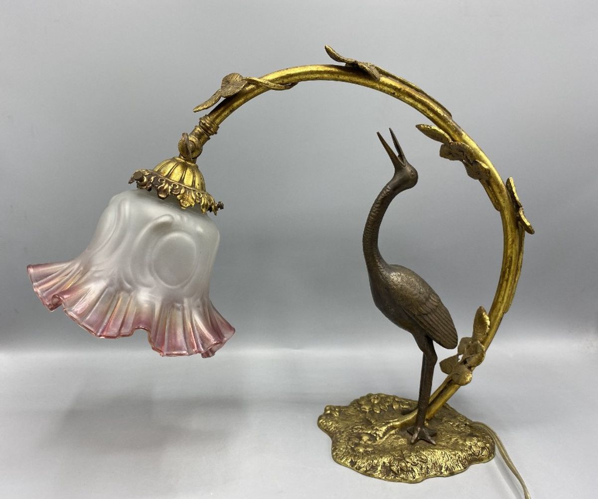 Antieke Art Nouveau Tafellamp – Kraanvogel & Bladerenboog image 11