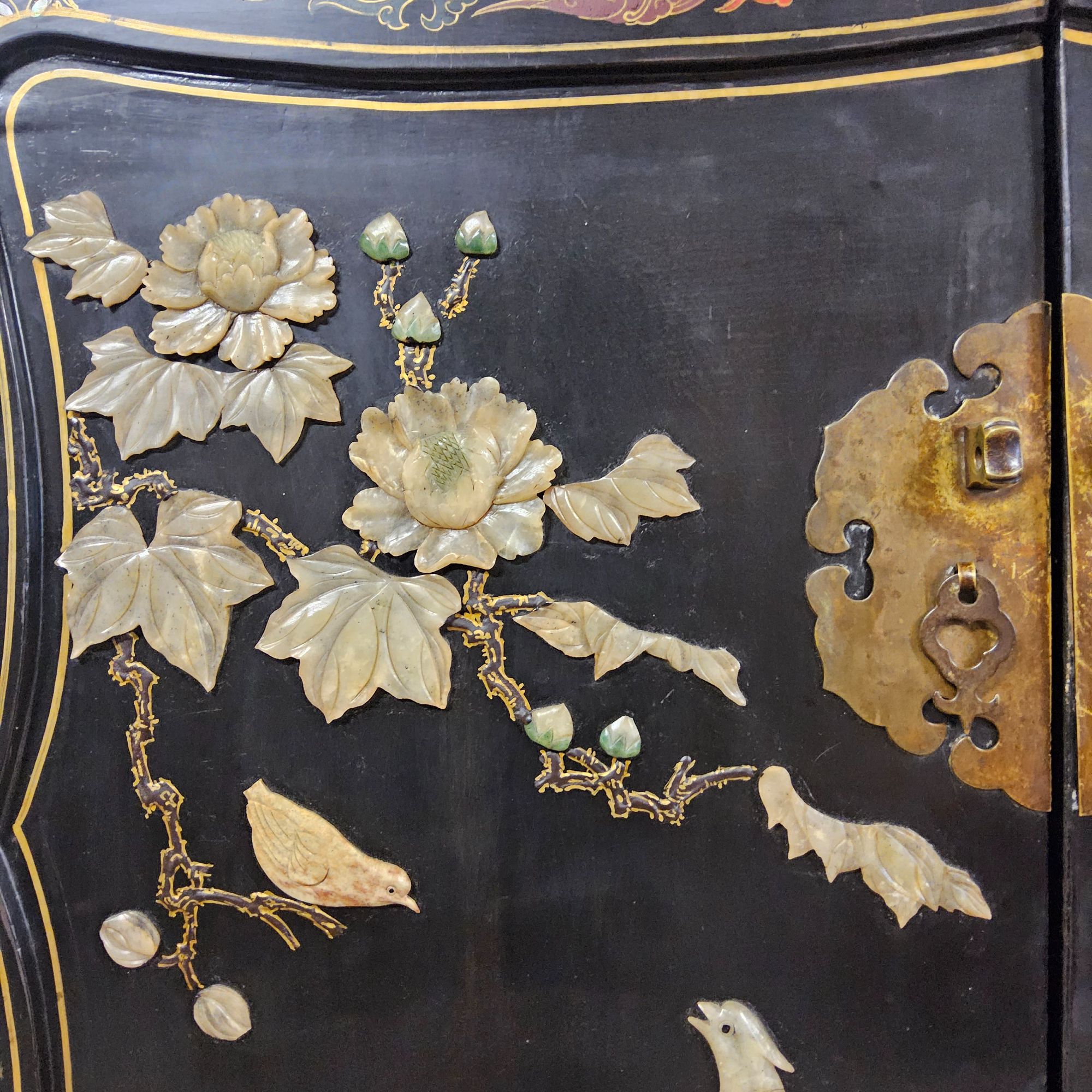 Vintage Chinese Lakkast Vogels Bloemen (speksteen) Bohemian Kast / Oosterse Kast / Aziatische Kast image 11