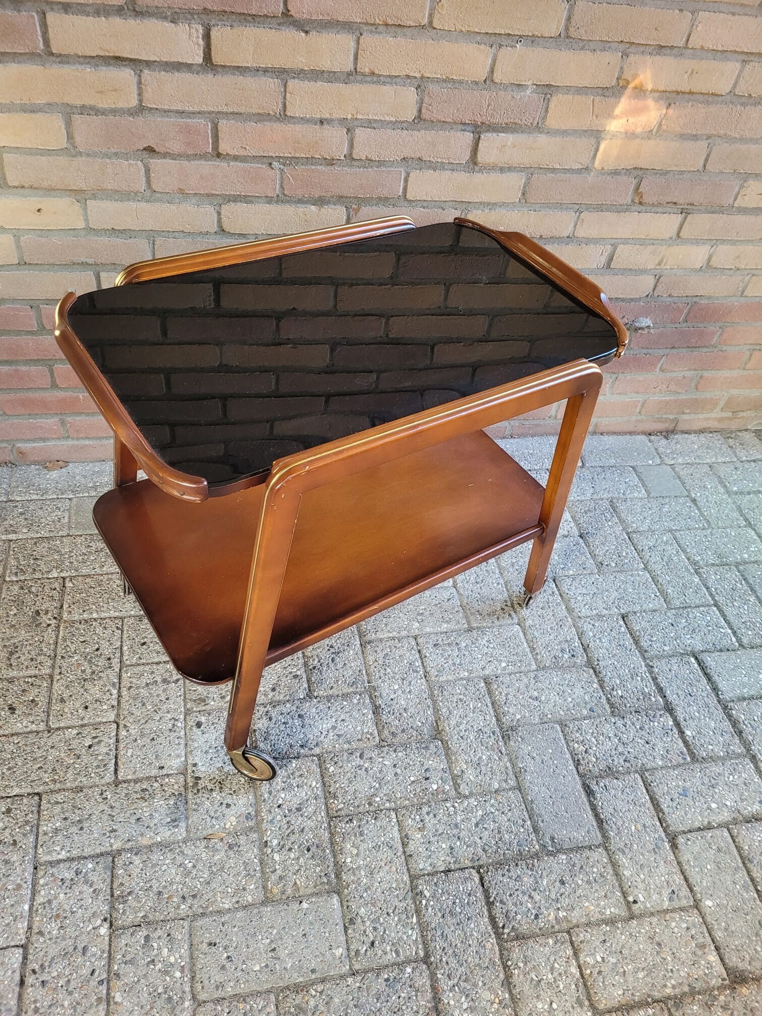 Mid Century Serveerwagen Teakhout Met Zwart Glas image 4