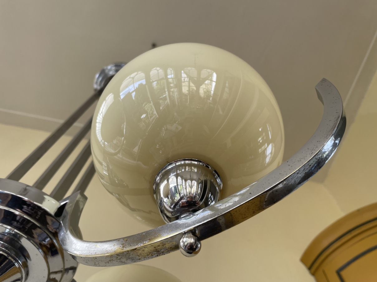 Lamp Hanglamp Art Deco 1930 4 Arms Met Gele Schalen Verchroomd image 10