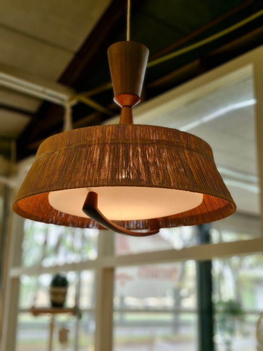 Vintage Design Hanglamp Temde Leuchten Sisal Teak 70s image 5