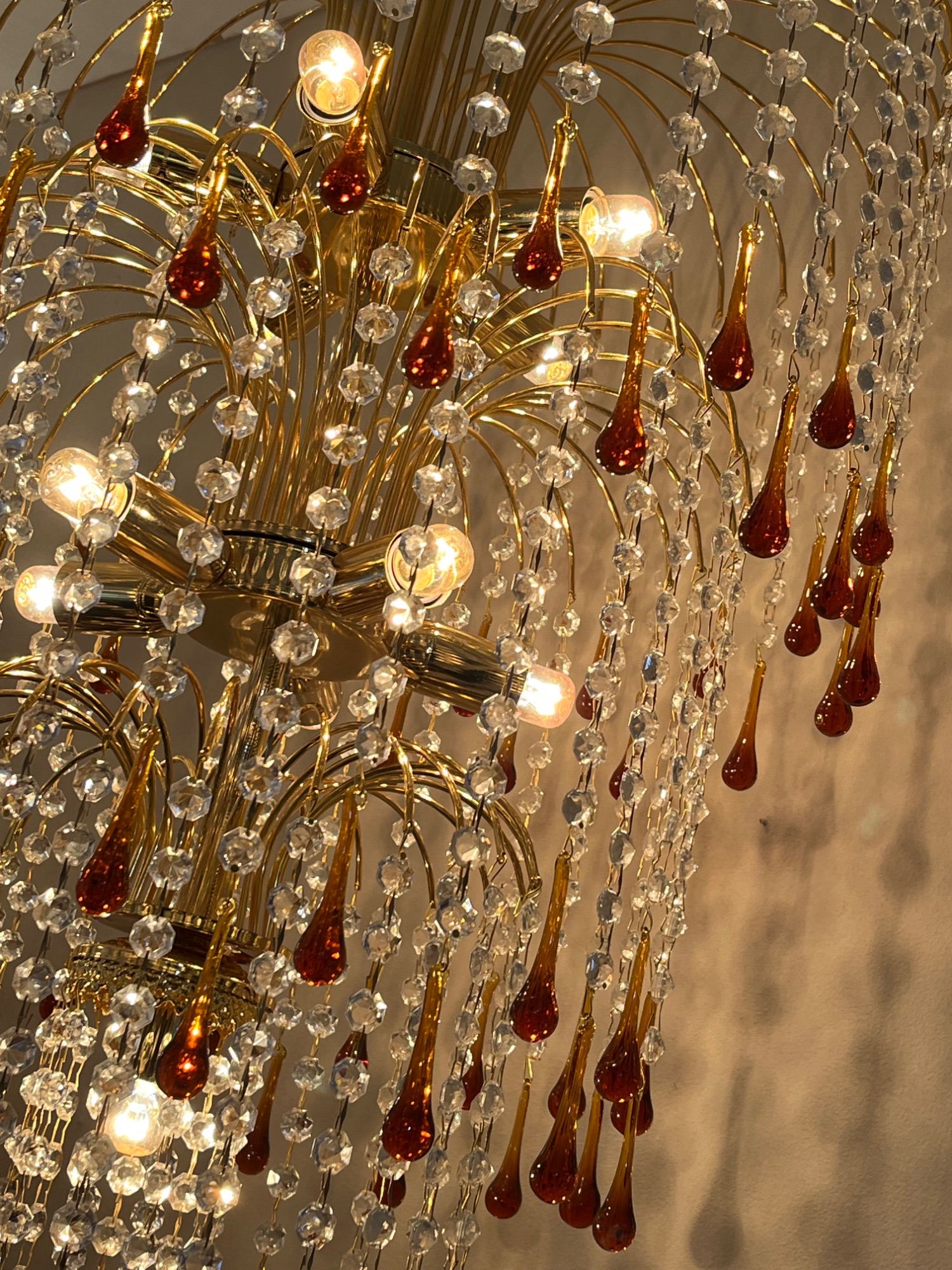 Xxxl Vintage Murano Teardrop Bruine Pegels Kroonluchter Goud Frame image 4