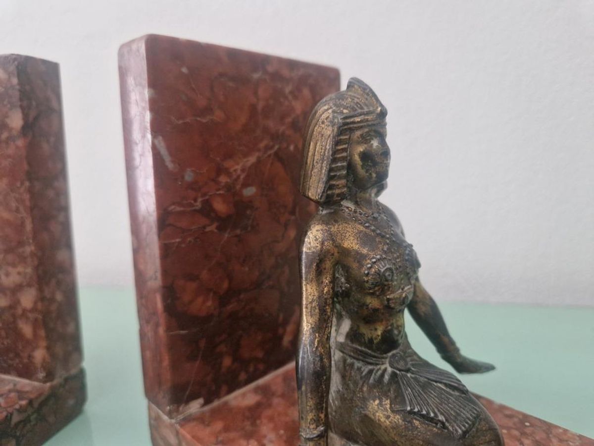 Art Deco Egyptian Revival Brons En Marmeren Boekensteunen image 3