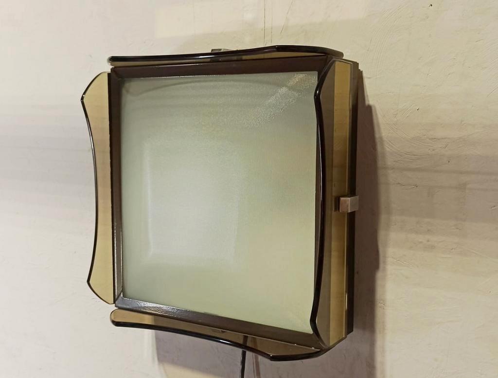 Vintage Italiaans Gerookt Glas Plafondlamp / Wandlamp image 15