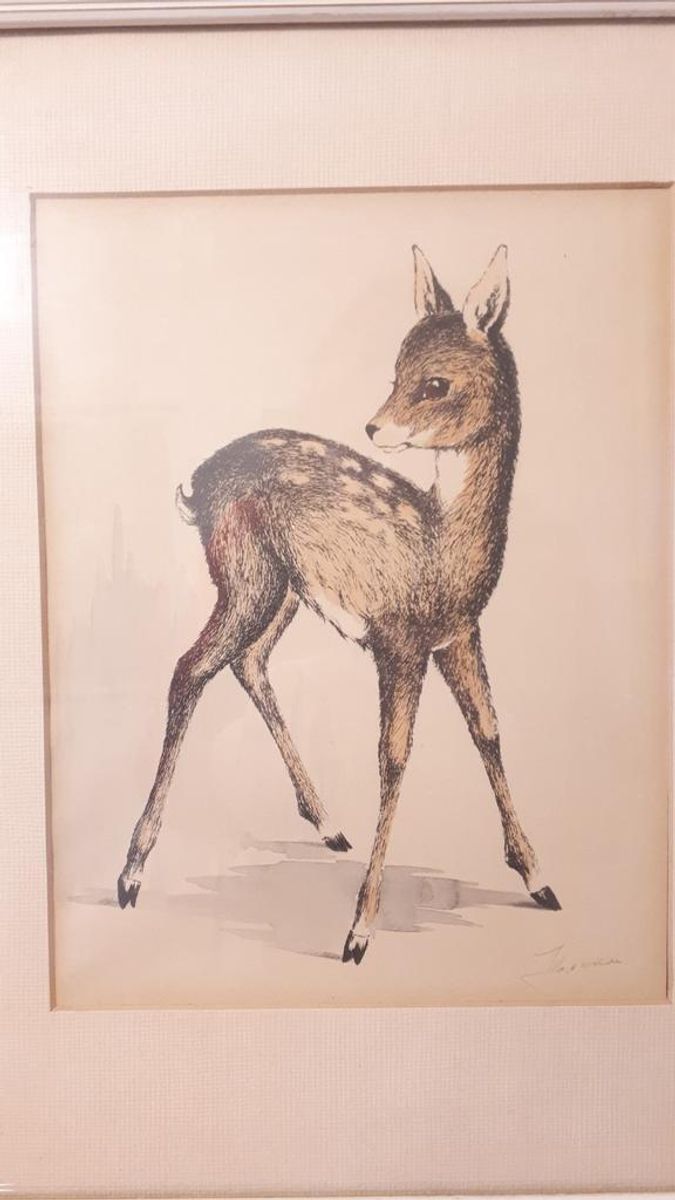 Vintage Schilderij Hertje Aquarel Tekening Gesigneerd image 2