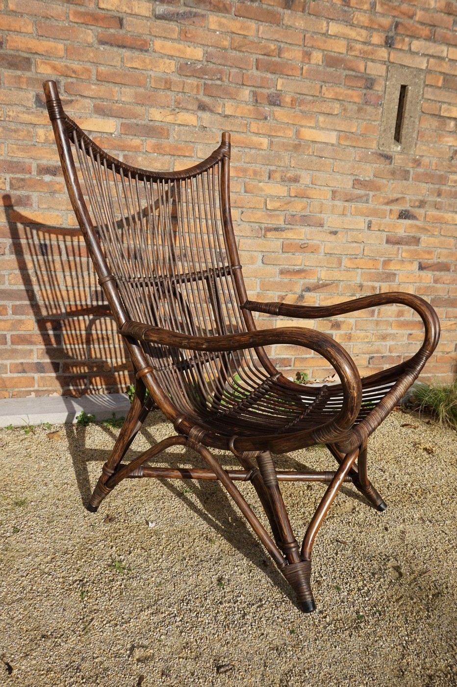Vintage Rotan/bamboe Fan Back Lounge Chair Met Leren Kussens, Jaren 60, Toegeschreven Aan Rohé No image 10