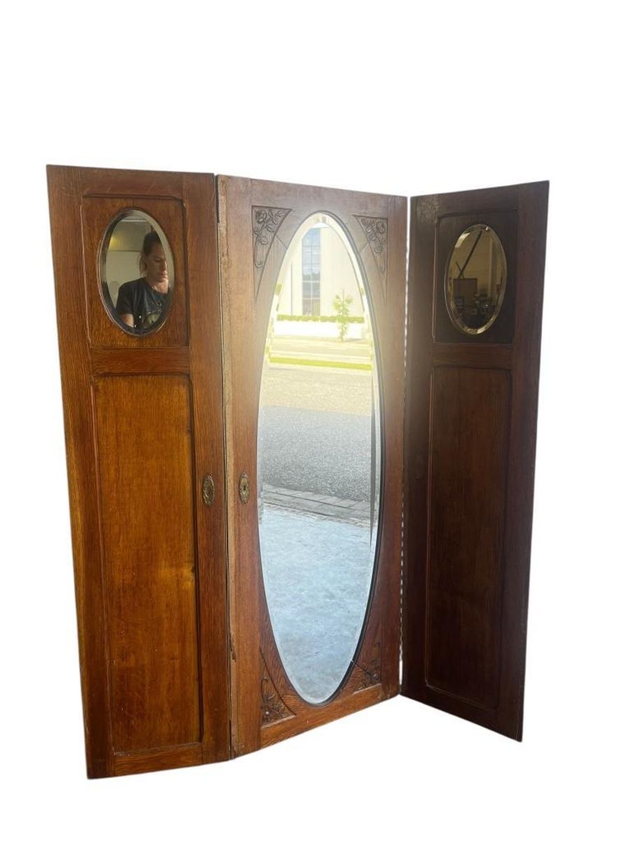Vintage Drieluik Spiegel / Retro Oude Houten Wandspiegel image 3