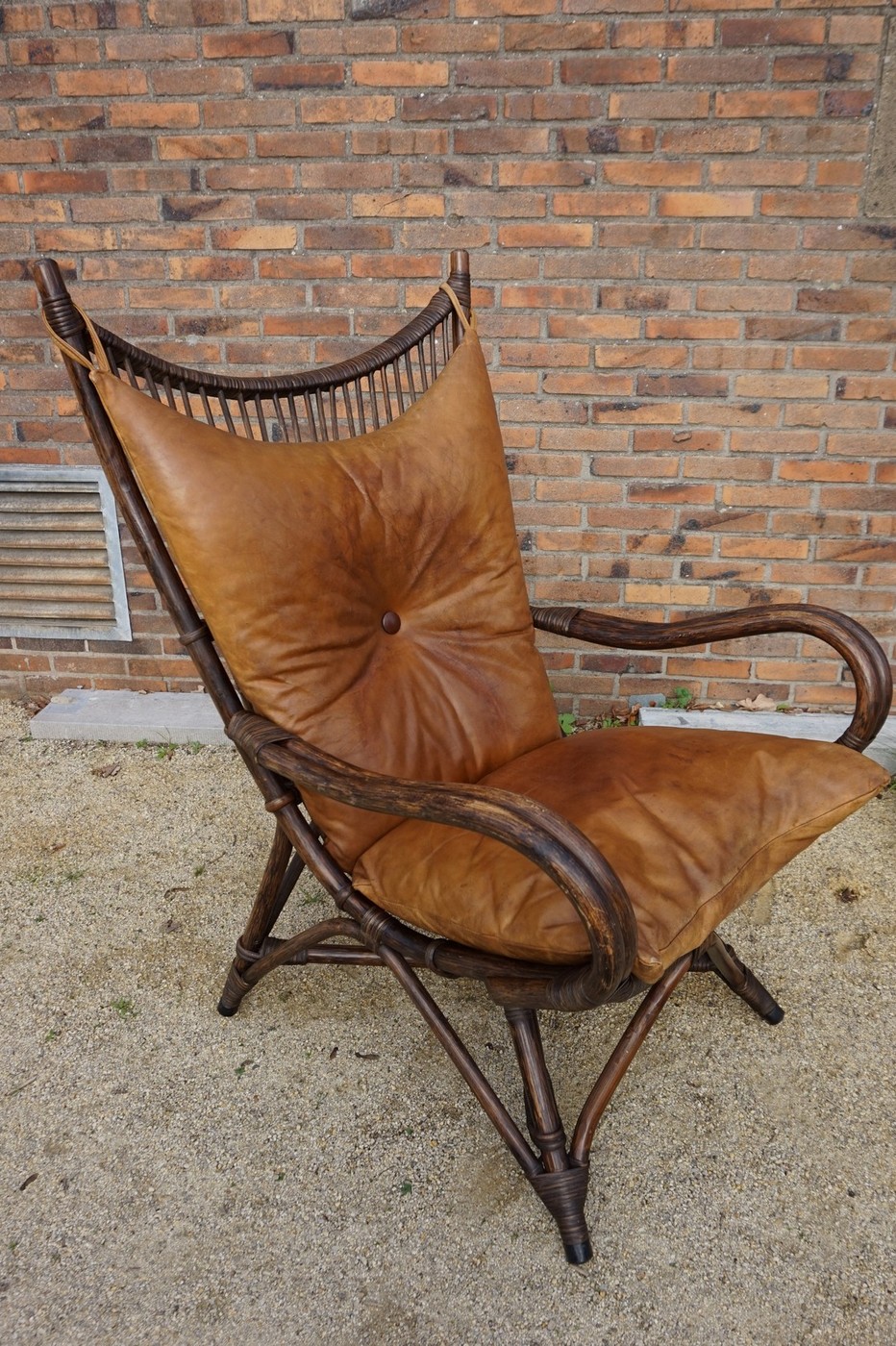 Vintage Rotan/bamboe Fan Back Lounge Chair Met Leren Kussens, Jaren 60, Toegeschreven Aan Rohé No image 11