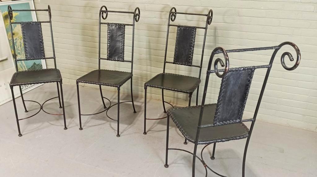 Set Van 4 Vintage Ijzer En Leer Stoelen, Zwart image 7