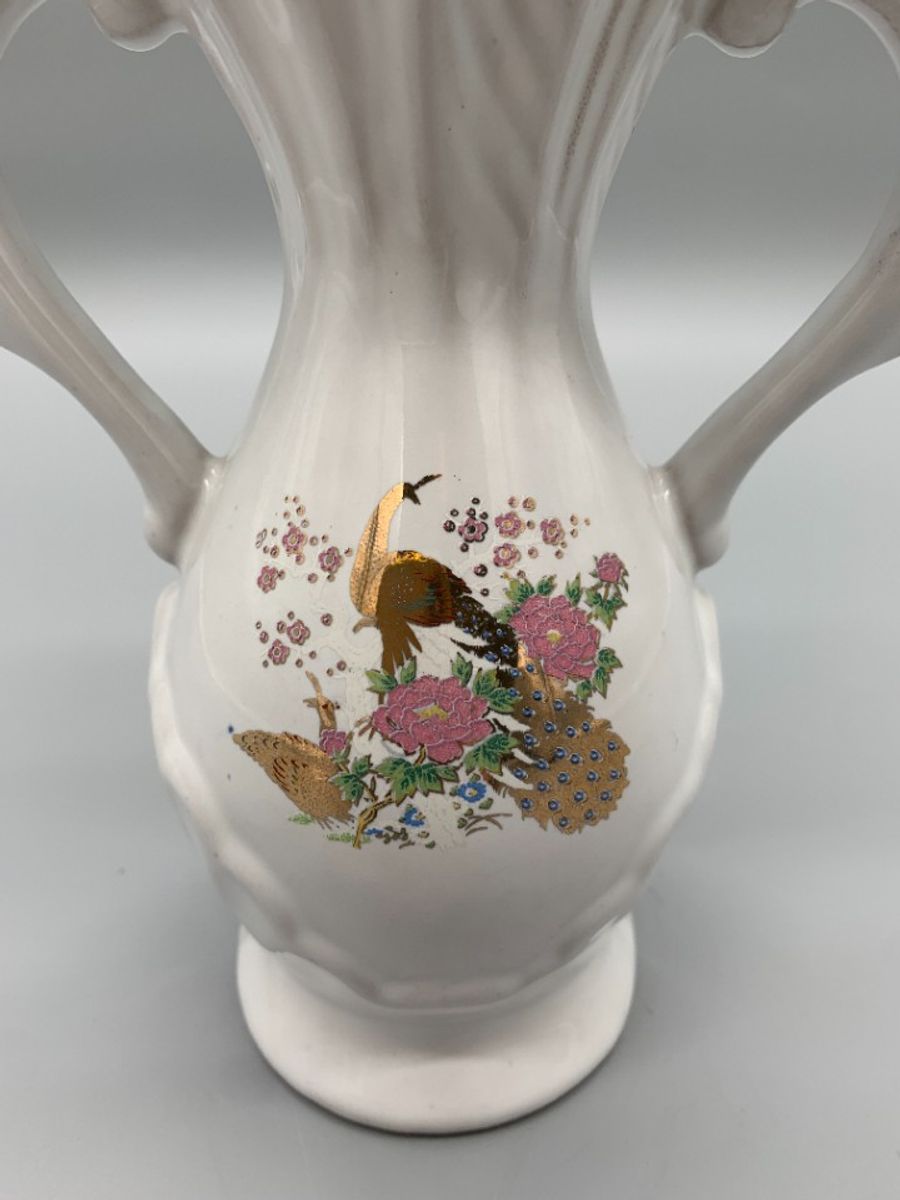 Vintage Vaasje Wit Porselein Print Pauw Goudkleurig image 5