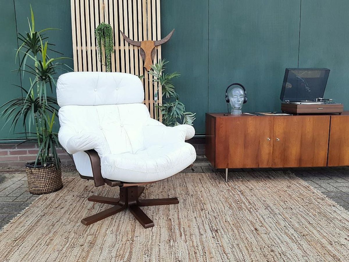 Vintage Design Fauteuil Wit Leer Houten Poot Draaifauteuil image 9