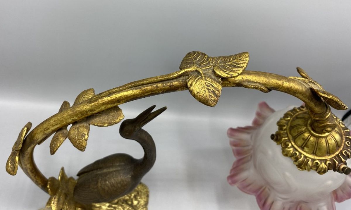 Antieke Art Nouveau Tafellamp – Kraanvogel & Bladerenboog image 8