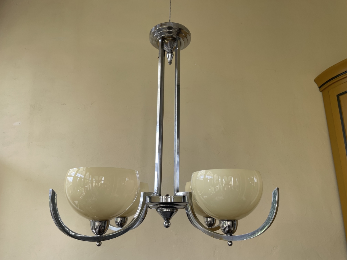 Lamp Hanglamp Art Deco 1930 4 Arms Met Gele Schalen Verchroomd image 12