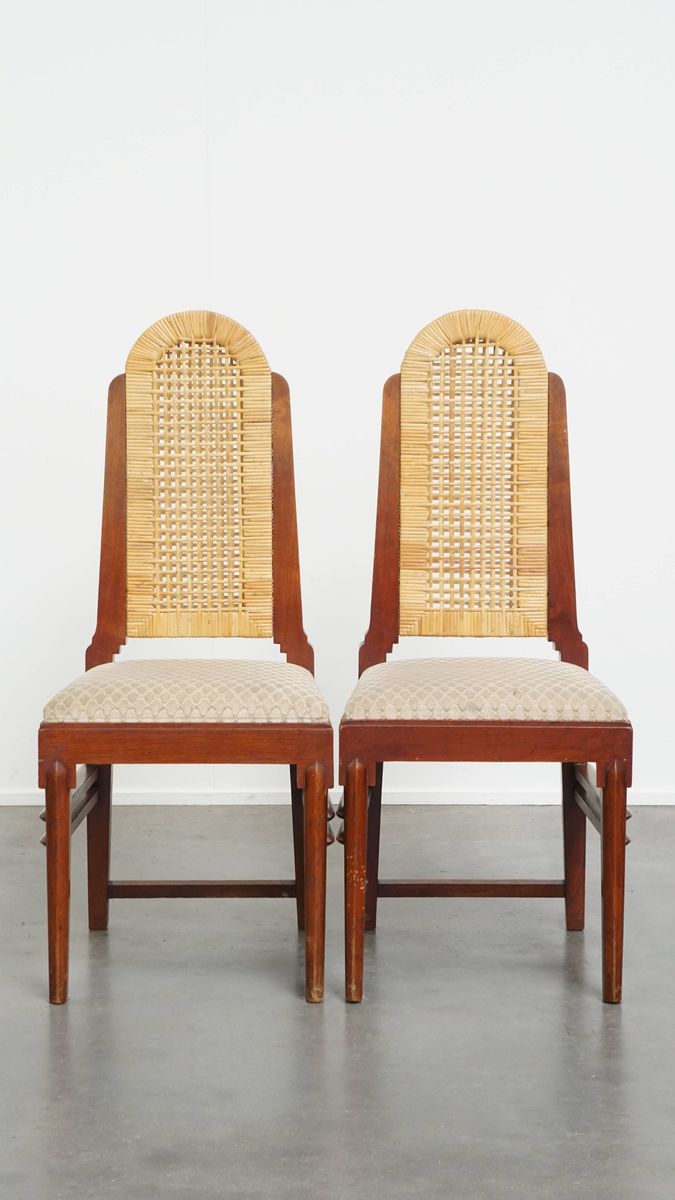 Leuke Set Van 2 Houten Art Deco Design Eetkamerstoelen Met Een Rieten Zitting En Rugleuning image 2