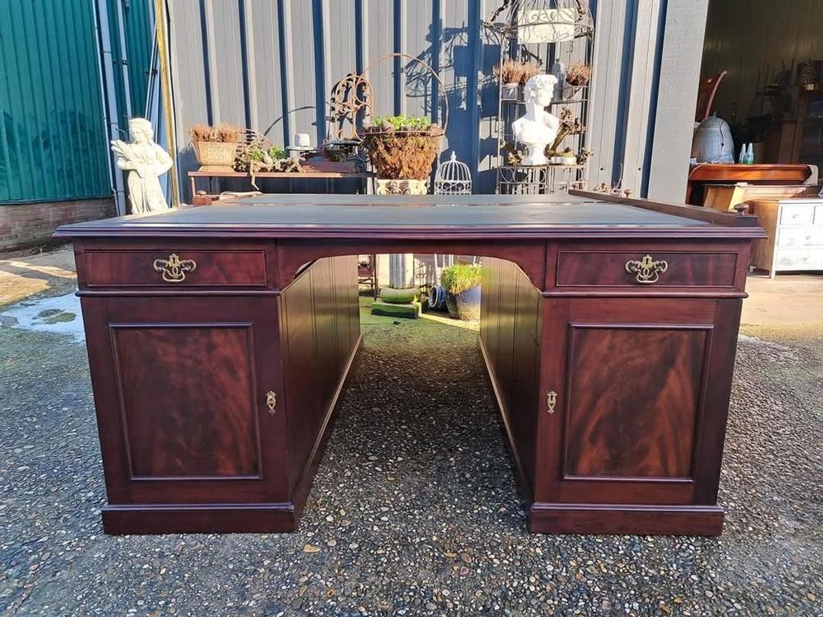 Groot Antiek Partnerdesk, Bureau, Schrijftafel Met Ingelegd image 2