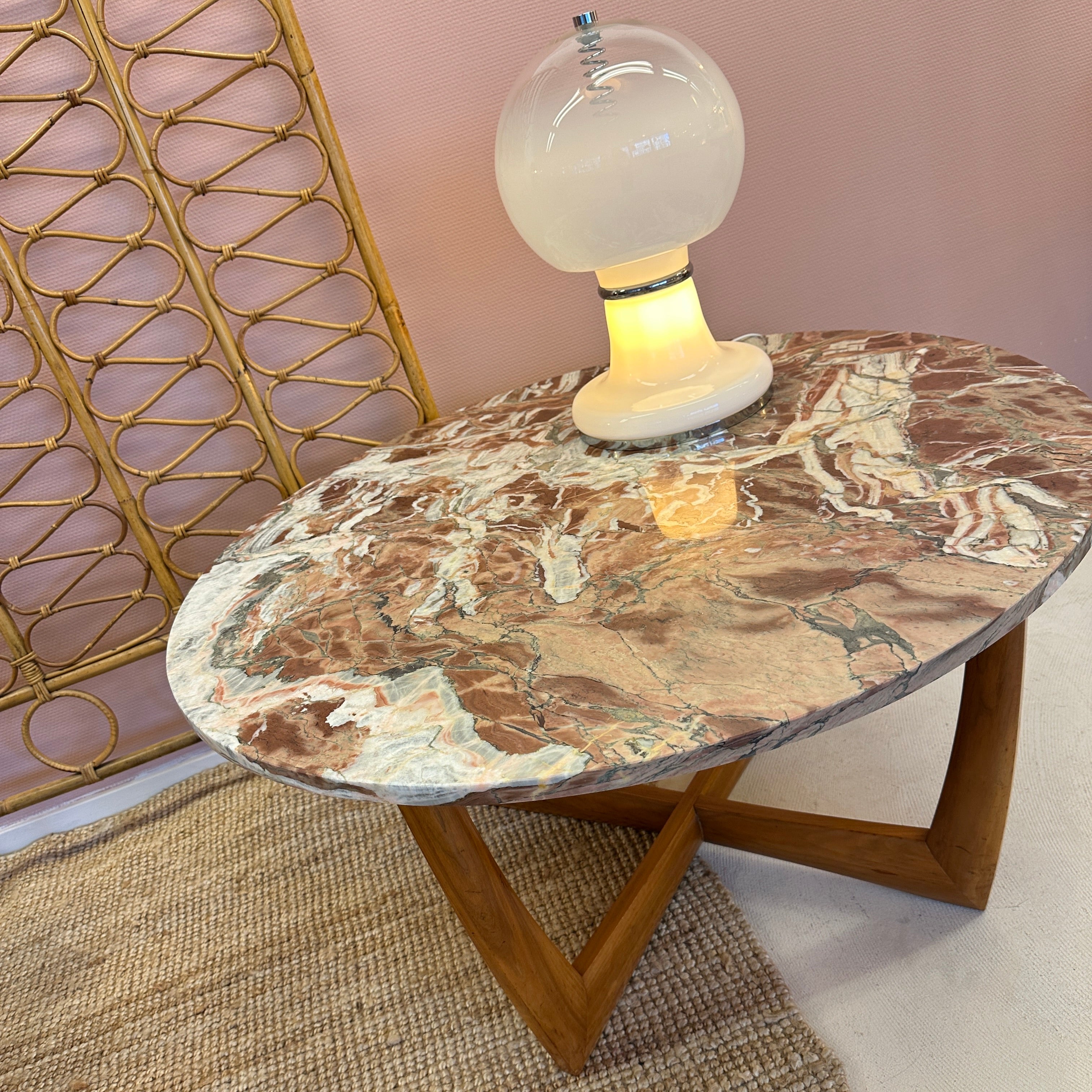 Round Red / Pink Marble Coffeetable With Mid Century Wood Base image 11