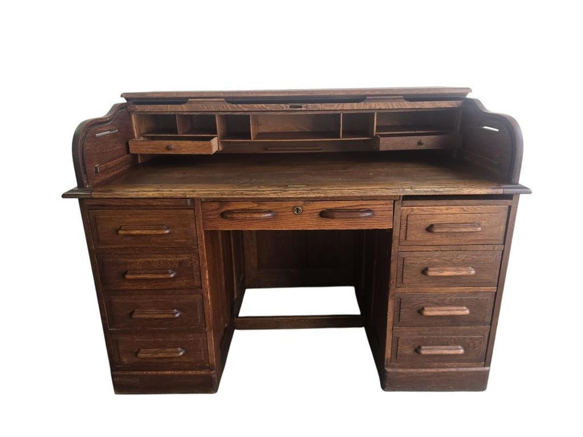 Vintage Houten Amerikaanse Bureau Met Rolluik Deur image 13