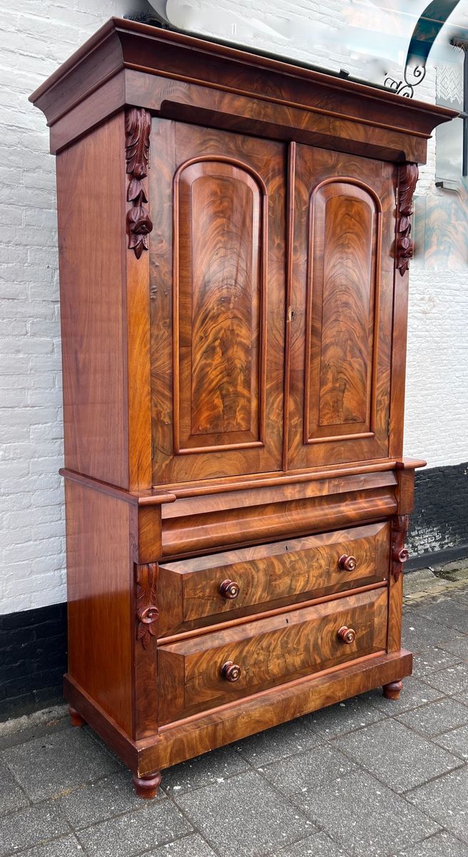 Heel Mooi Antiek Engels Mahonie Driedelig Kabinet, Met Planken En 3 Lades, 210 Cm Hoog image 2